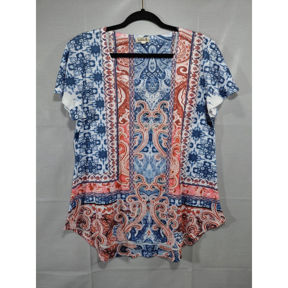 One World Scoop Neck Short Sleeve Embellished Blouse XL Red White & Blue